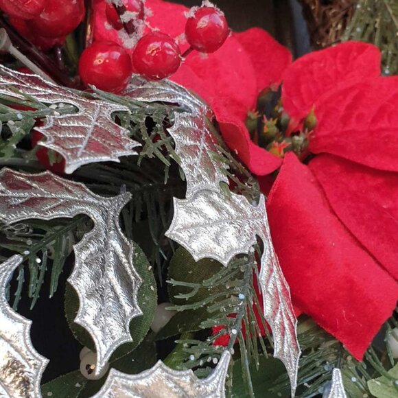 Christmas Handmade Red Flower Silver Wreath Home Office Decor Door Wall Hanger - Picture 6 of 8